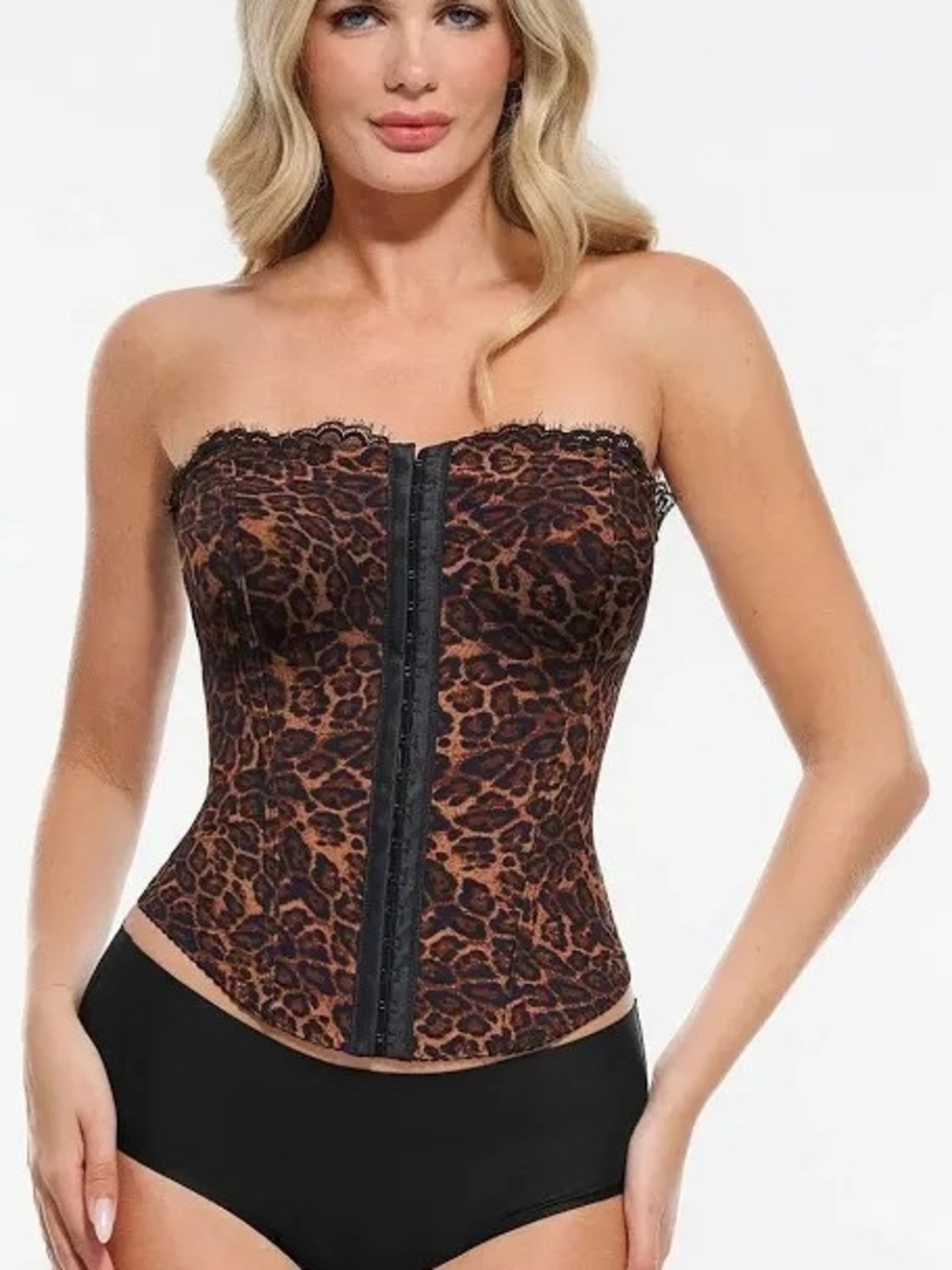 Popilush Shapewear Sculpting Leopard Mesh Detachable Strap Corset Top in Brown